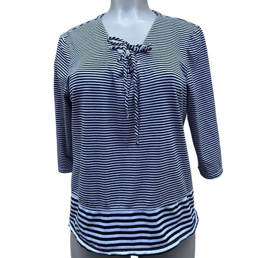 Onque Casual Top Women's PXL Blue White Striped 3/4 Sleeve Jersey Lace-up Neck